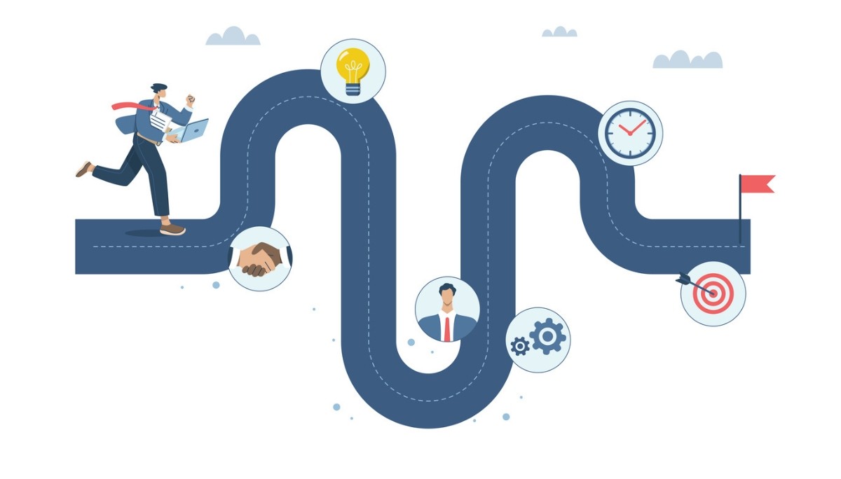 Illustration of a winding road representing a career journey, with icons along the path including a person running with a laptop, a handshake, a light bulb, gears, a clock, and a target with a flag.