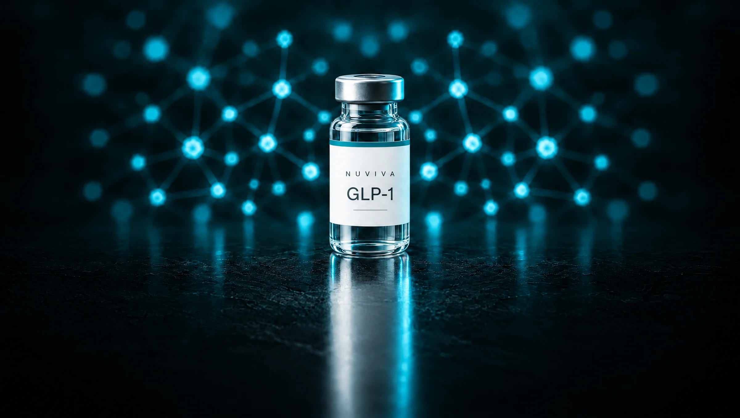 Glass vial labeled Nuviva GLP-1 on a dark reflective surface against a glowing teal network background.