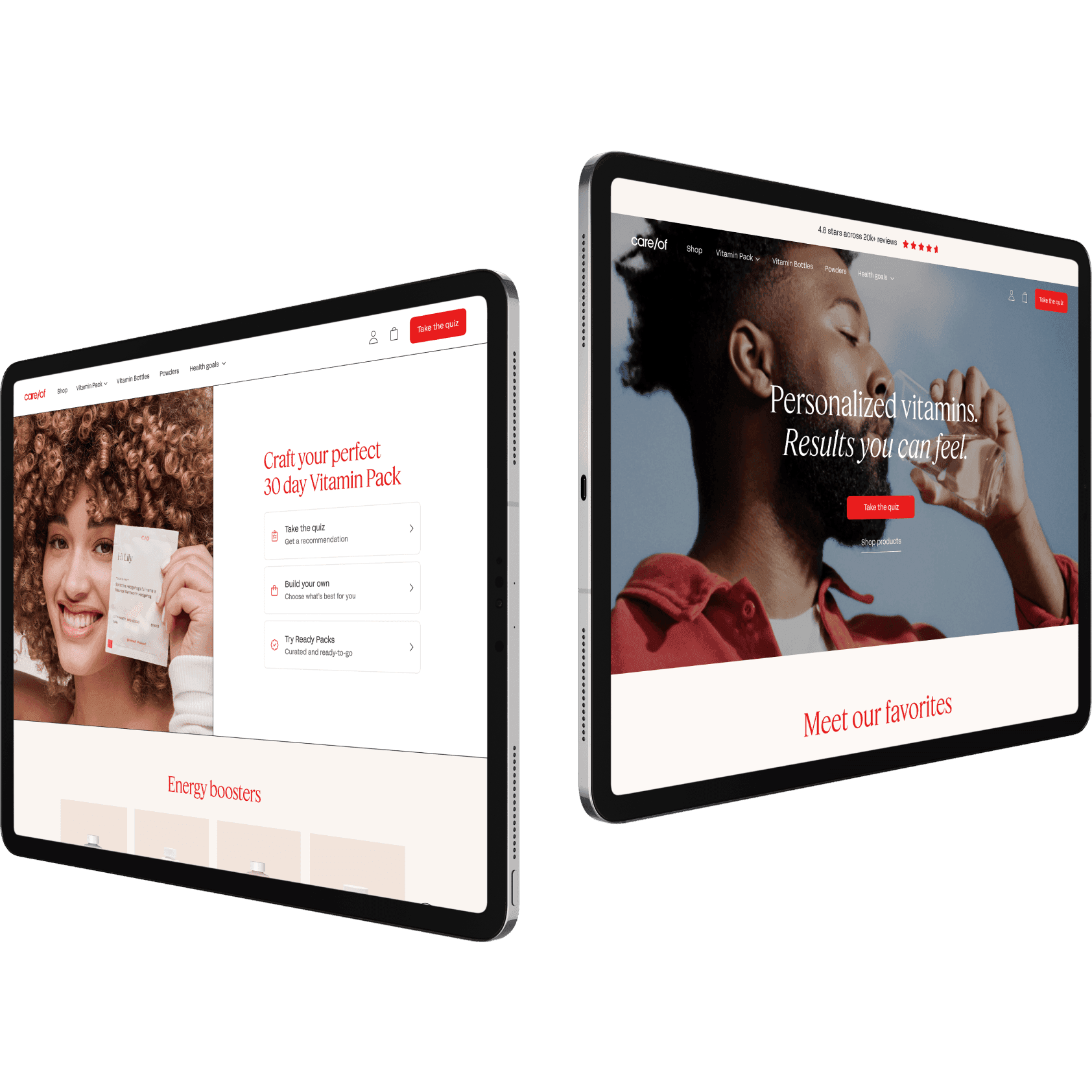 Two tablet screens displaying the Care/of website, showcasing personalized vitamin packs and a man drinking water.