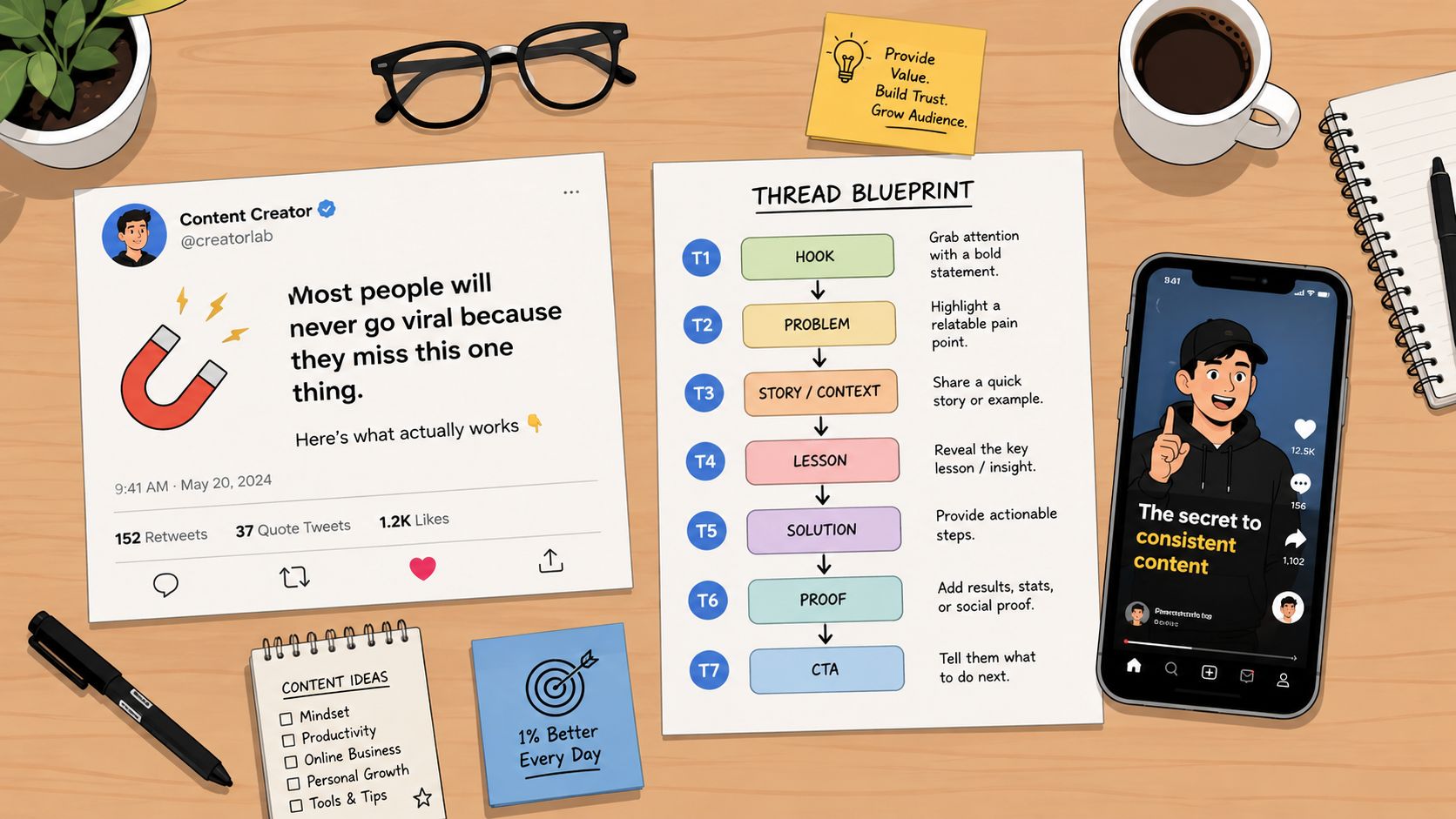 A workspace featuring a thread blueprint, content ideas, a social media post, and a mobile phone display.