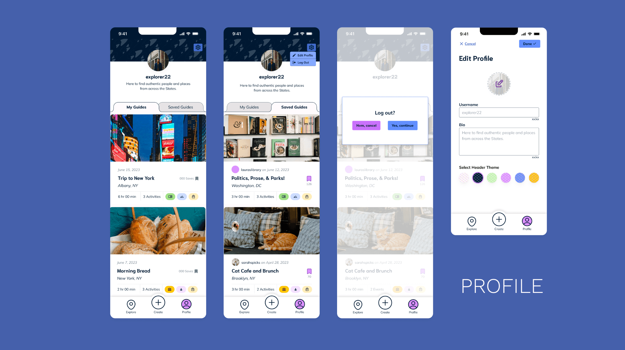 App profile pages displaying posted guides, saved content, and creator information to help users track their travels and explore others’ experiences.