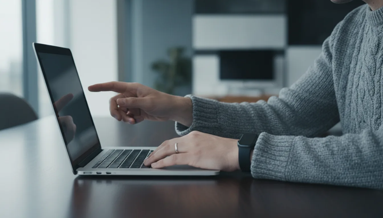 DSLR photograph, side profile view of a person using a thin, silver laptop on a dark desk. A hand with a black fitness tracker on the wrist points at the screen, while the other hand with a silver ring rests near the trackpad. The person is wearing a grey knit sweater. The shot has a shallow depth of field, with the office background softly blurred. The lighting is soft natural daylight, creating a cool, desaturated, and moody atmosphere.