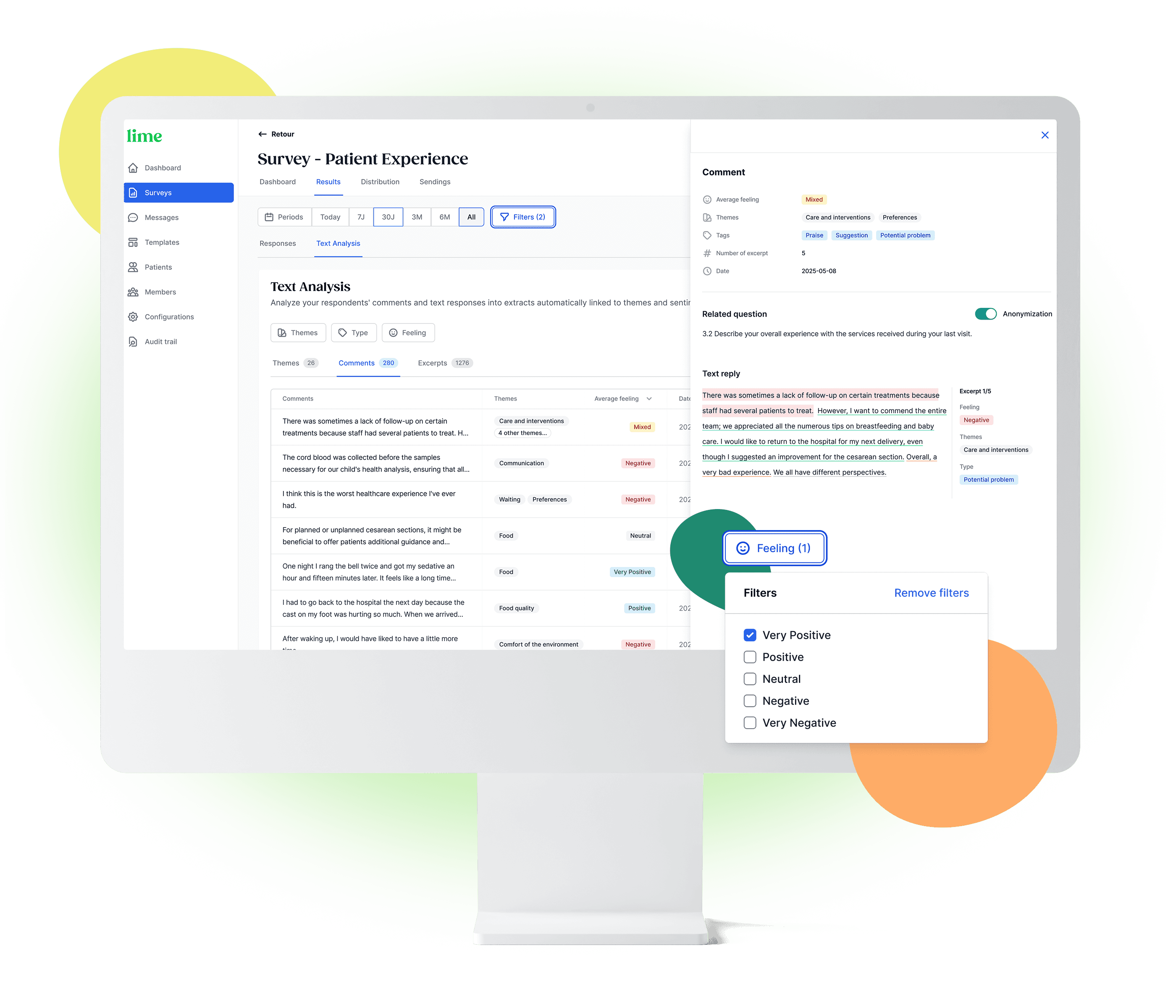 Computer screen displaying the dashboard of the user experience questionnaire analysis software Lime in French.