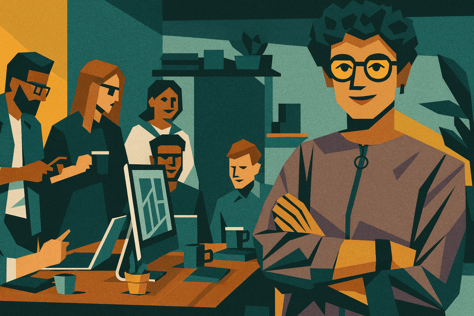 Donna sorridente con le braccia conserte in primo piano, con un gruppo di colleghi al lavoro in ufficio sullo sfondo.