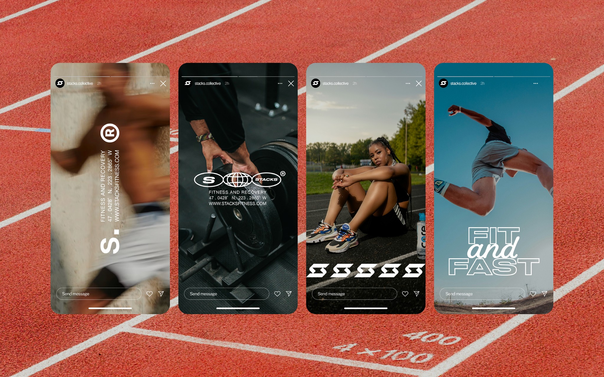 Stacks activewear social media visuals with structured layouts, product shots, and logo suite integration.