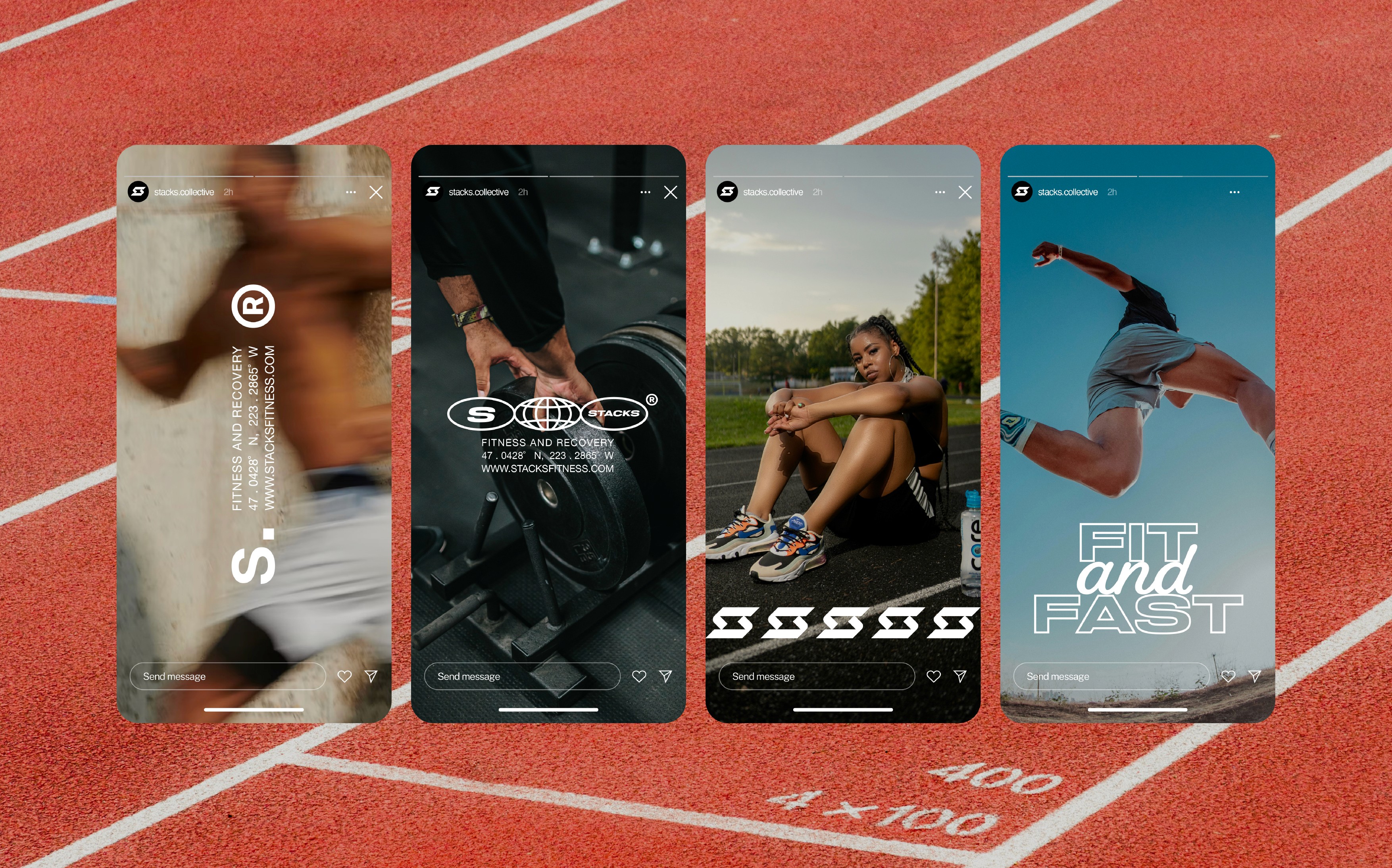 Stacks activewear social media visuals with structured layouts, product shots, and logo suite integration.