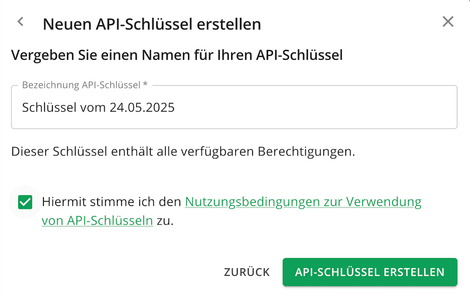 API-Schlüssel erstellen Meldung
