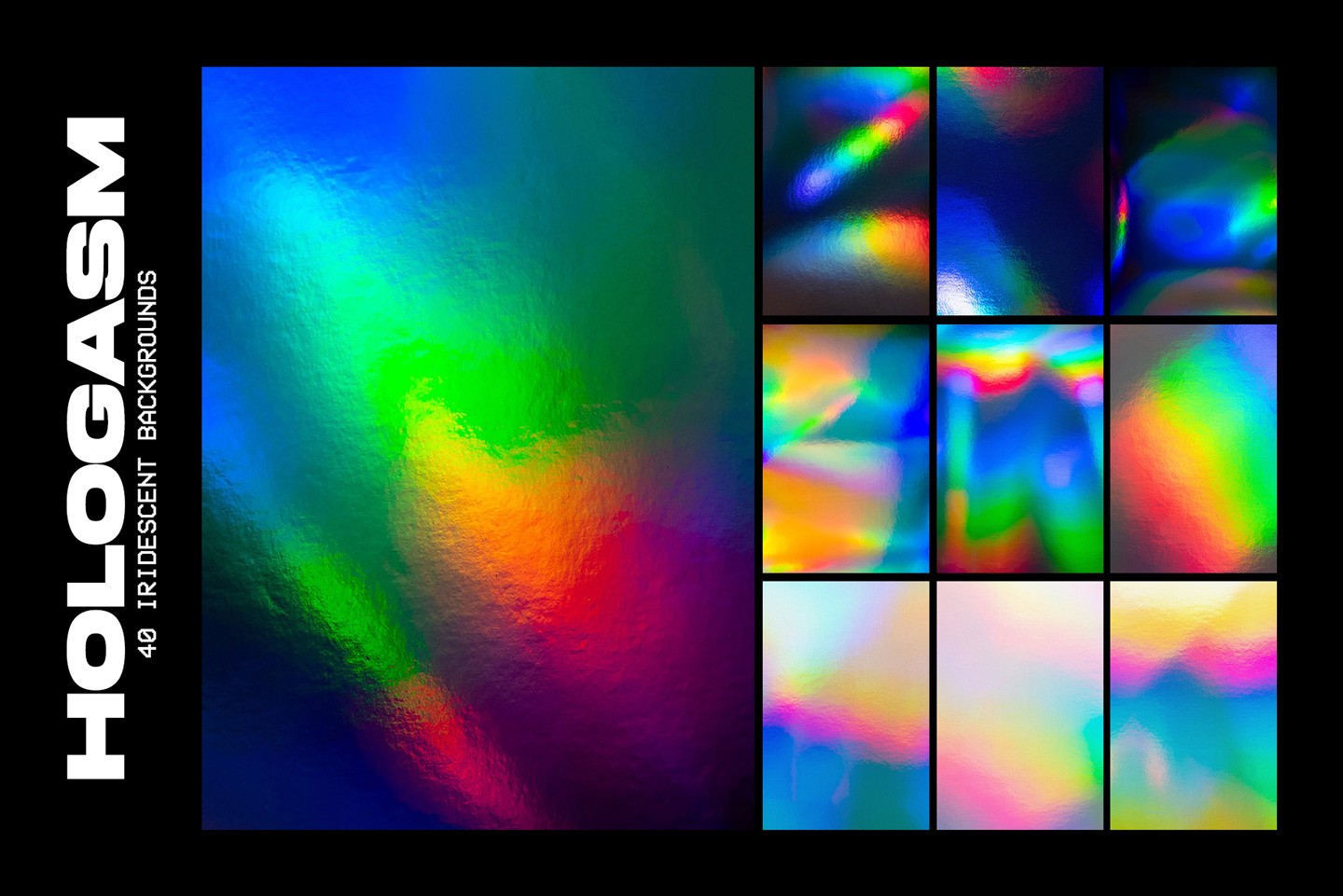 Forty iridescent holographic backgrounds with vivid rainbow color gradients and smooth light reflections