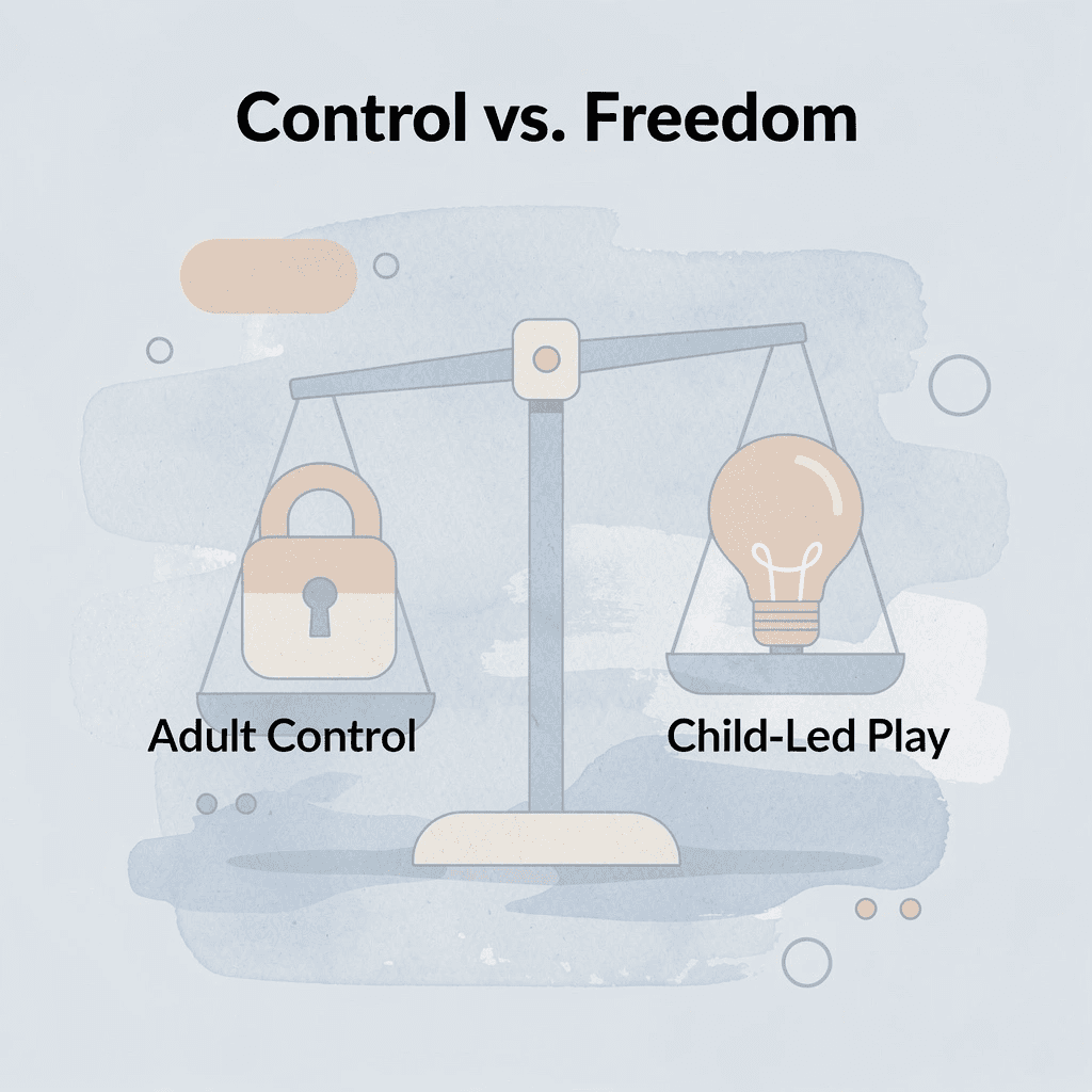 Balance scale comparing adult control versus child-led learning