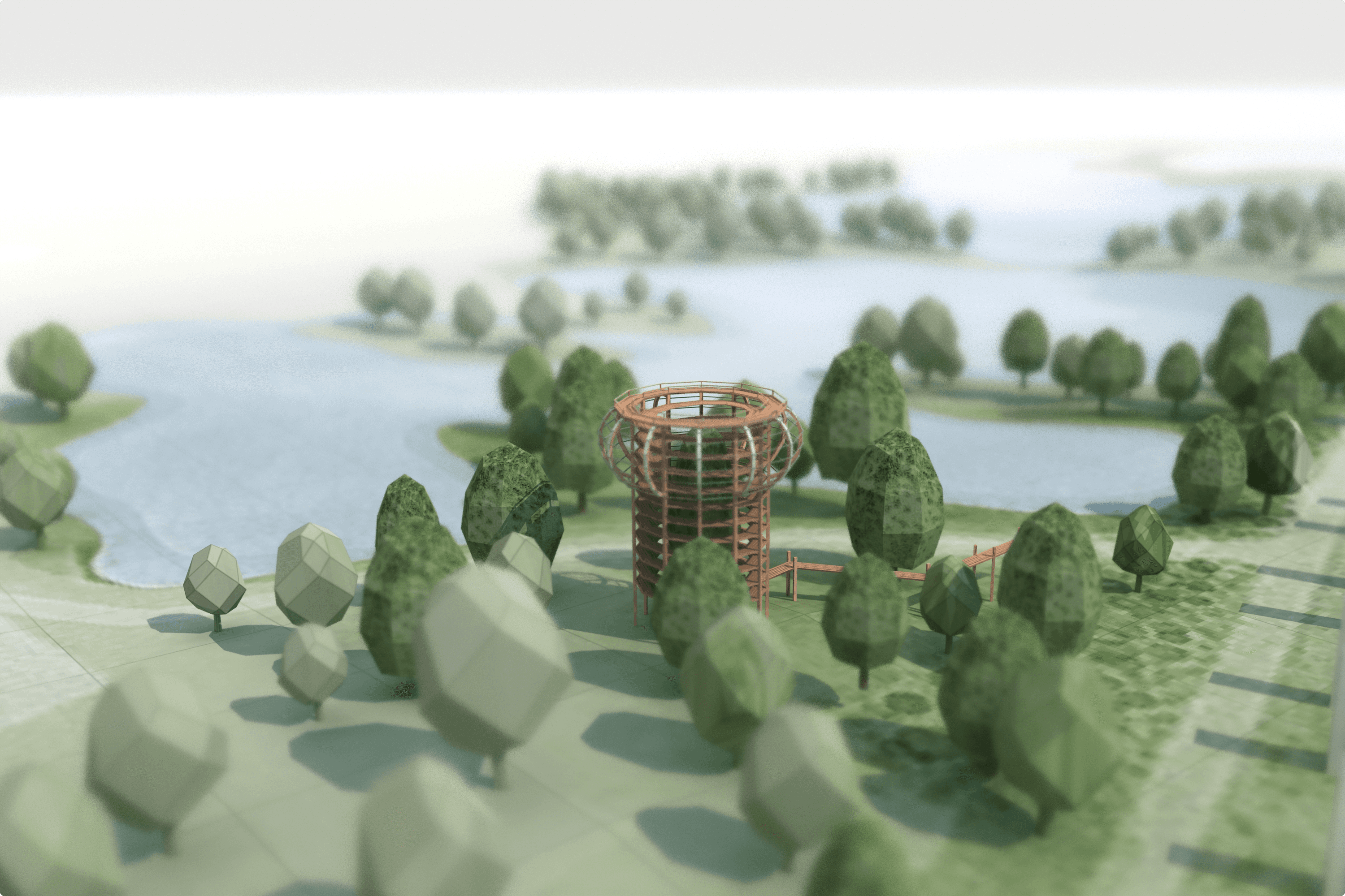 3D architectural model of a nature tower and surrounding landscape.