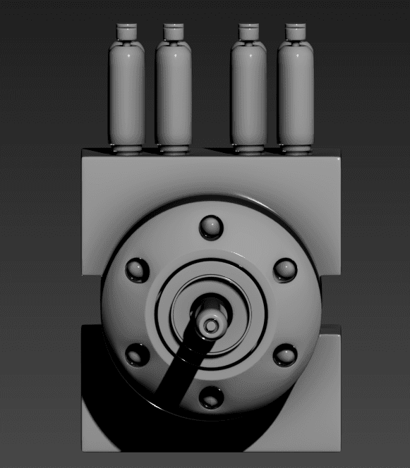 Final smooth render of the mechanical control assembly with four vertical cylinders.