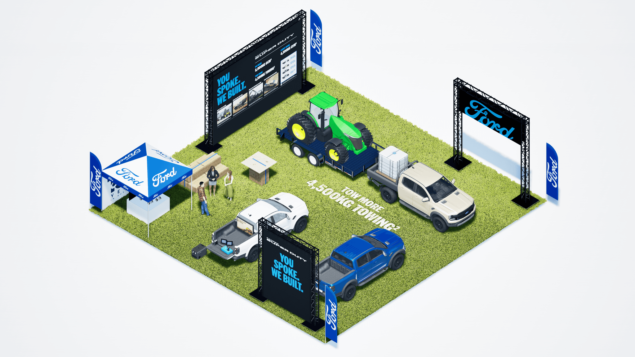 Isometric render of Ford exhibition stand with vehicles, tractor display and branded signage in event layout