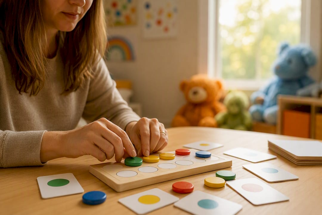 Caregiver placing tokens on autism token board