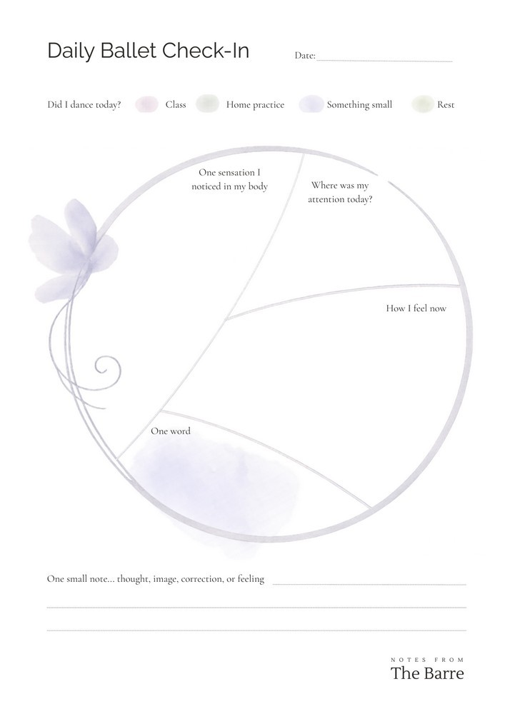 Printable Daily Check-In page for adult ballet practice with circular reflection layout