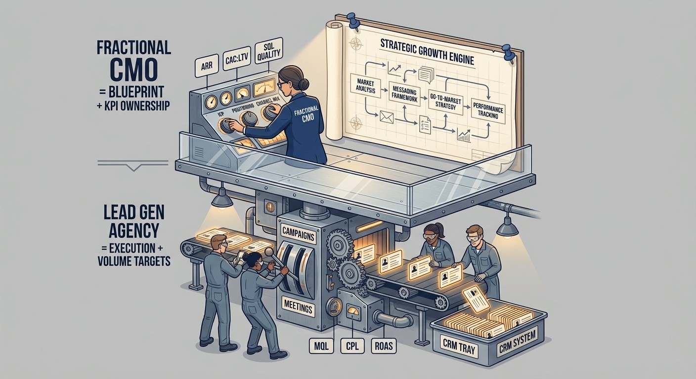 Illustration comparing fractional CMO strategic KPI ownership with lead generation agency execution and volume targets