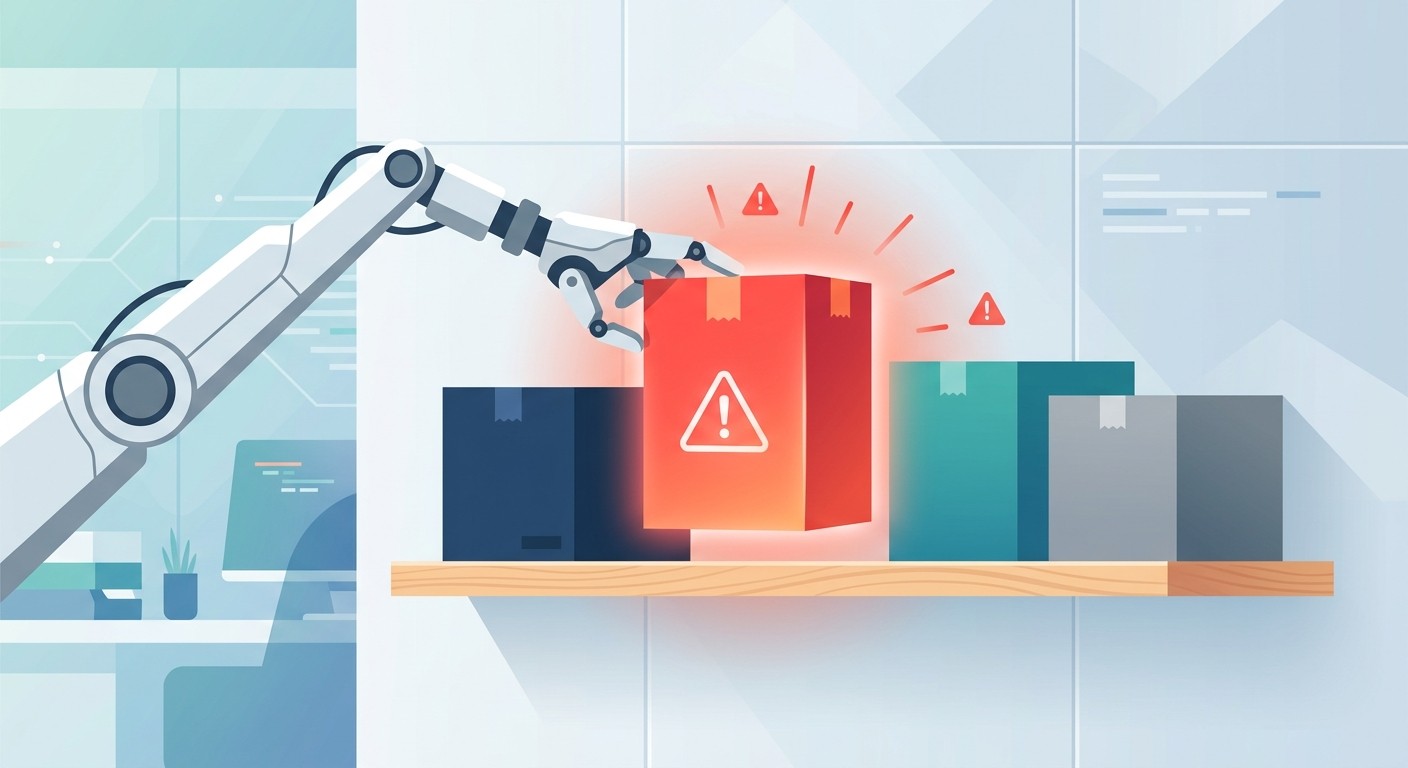 Illustration of a robot picking a mislabeled software package, representing slopsquatting supply chain risk