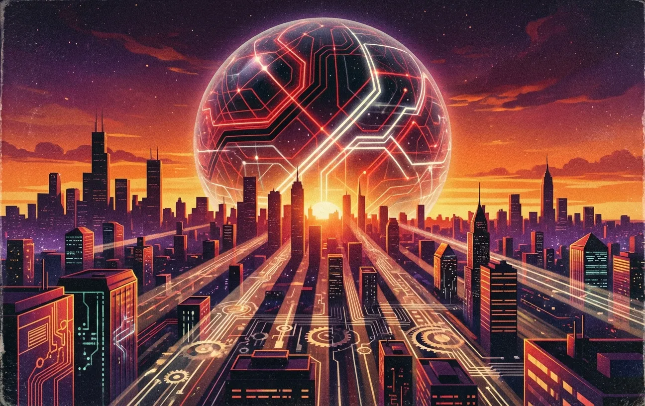 Futuristic cityscape at sunset, symbolizing digital marketing by RockN' Socials.