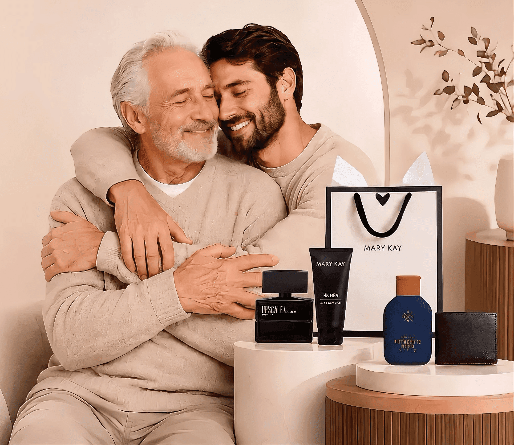 Pai e filho abraçados ao lado de fragrâncias, cuidados masculinos e acessórios Mary Kay para o Dia dos Pais.