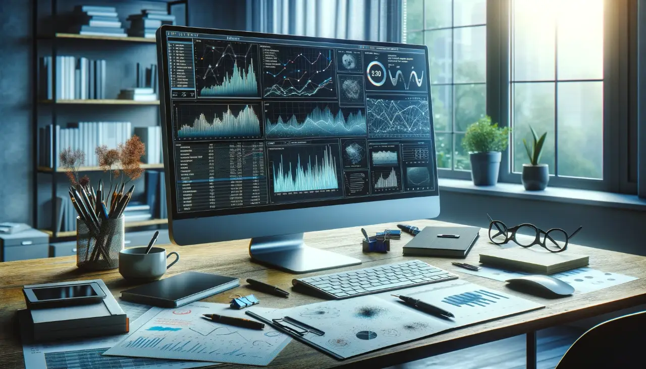Desk with a wide monitor showing analytics charts beside a sunlit window.