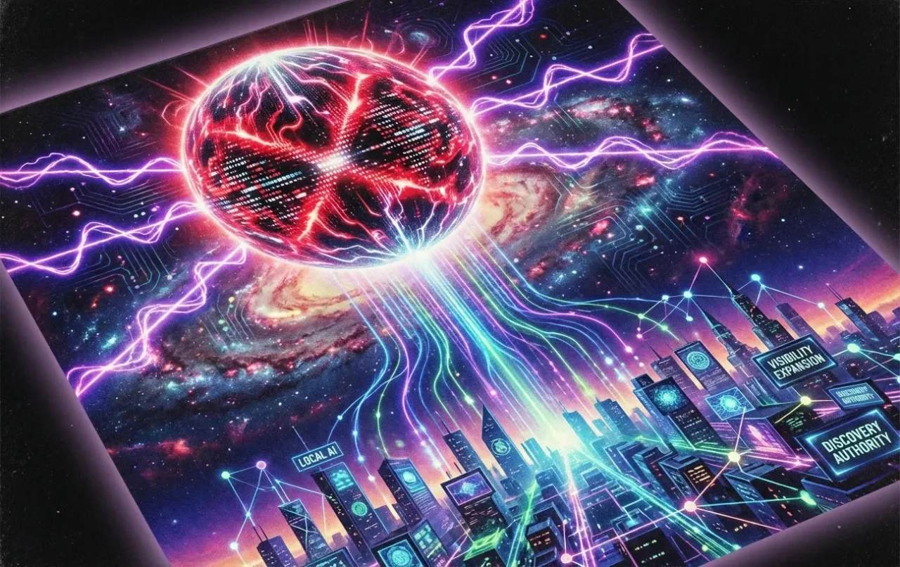 Digital Marketing Agency RockN' Socials: Futuristic city, cosmic energy sphere.