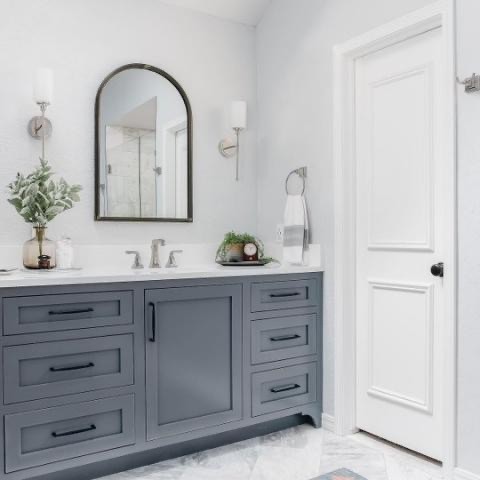 Charcoal bathroom vanity in bathroom