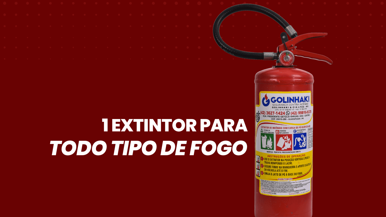 Extintor ABC do tipo 4 kg com a frase: "1 extintor para todo tipo de fogo"