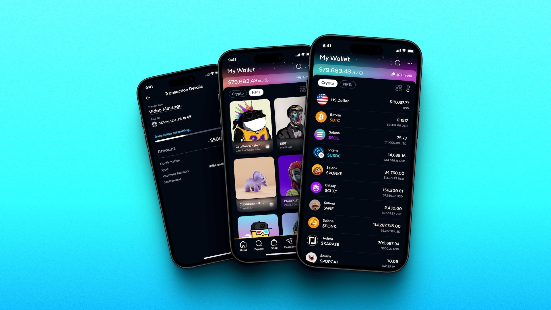 Multi-screen crypto wallet interface for a blockchain social platform, featuring token balances, NFT collections, and transaction details within the Calaxy mobile web app UX.