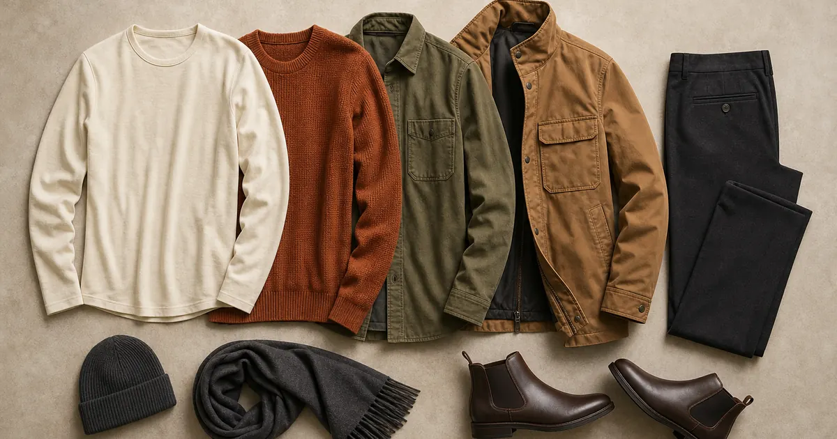 Fall outfit layers including a light base, knit, jacket, trousers, scarf, and boots