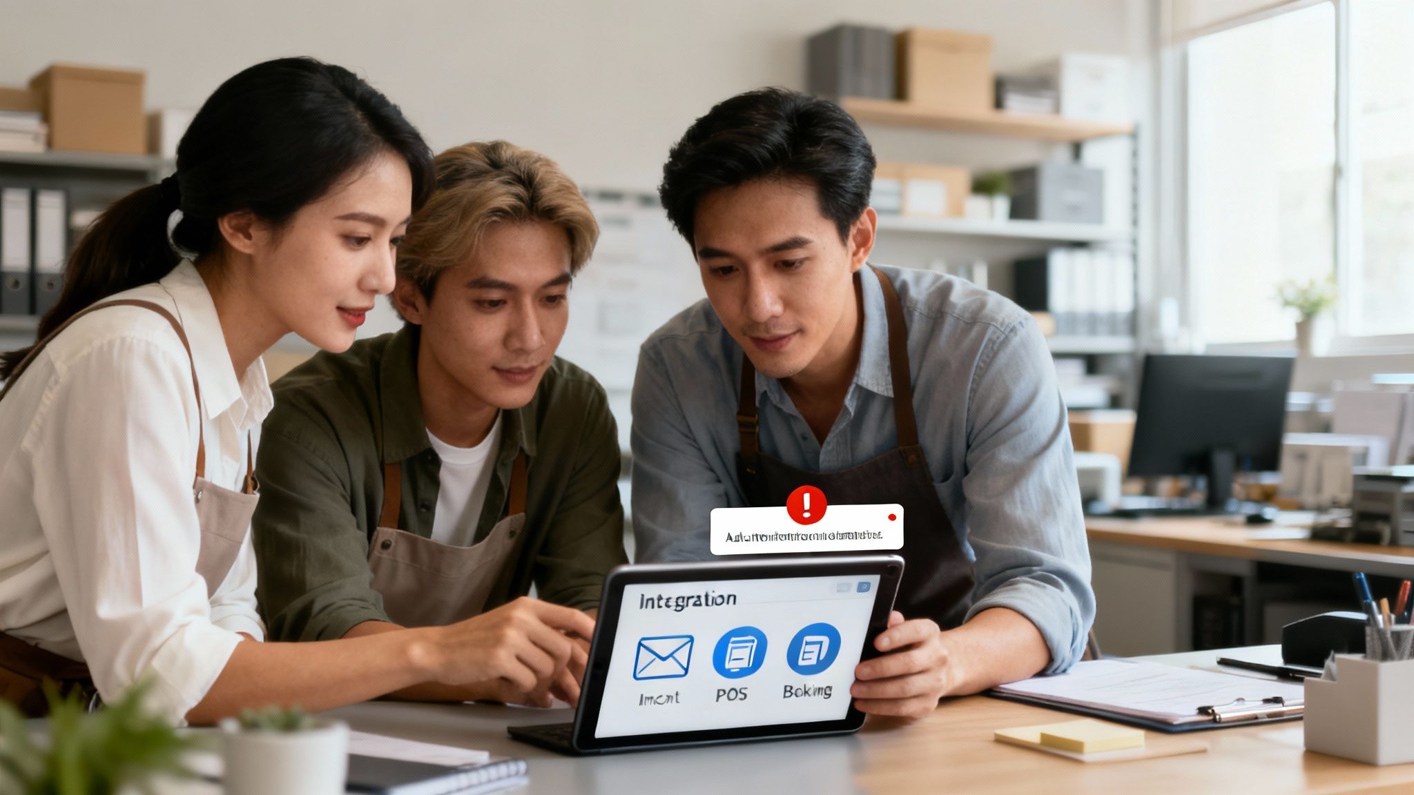 Three colleagues in aprons review a tablet displaying software integration options for their business.