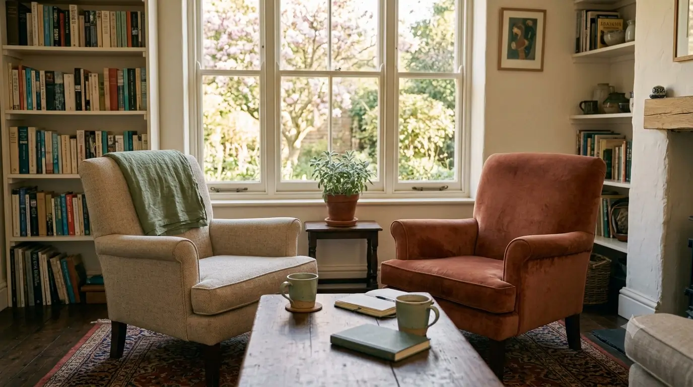 Two comfortable chairs turned toward each other by a window in a warm room, with two mugs on a low table between them.