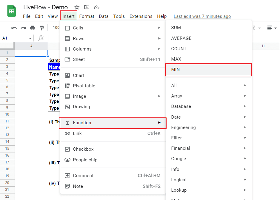 insert the MIN function from the menu bar