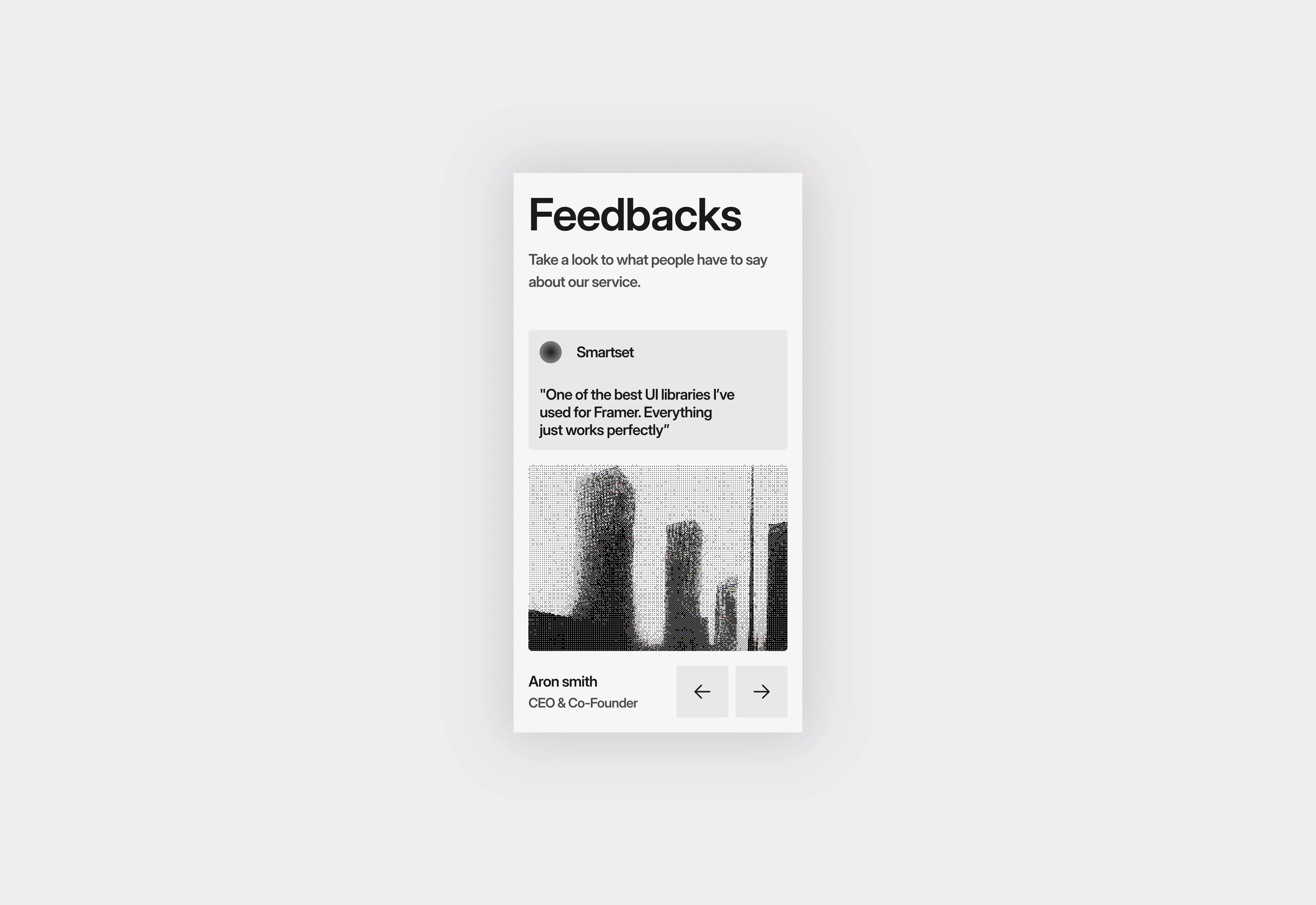 A light themed minimal style testimonials section with slider. The UI optimized for phone screens.