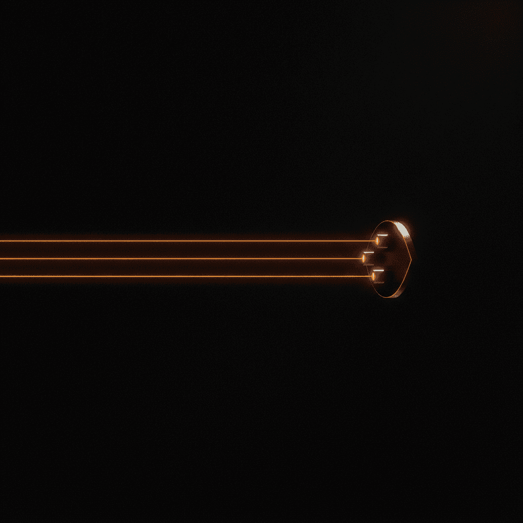 A single thread of orange light splitting into three identical parallel paths against black