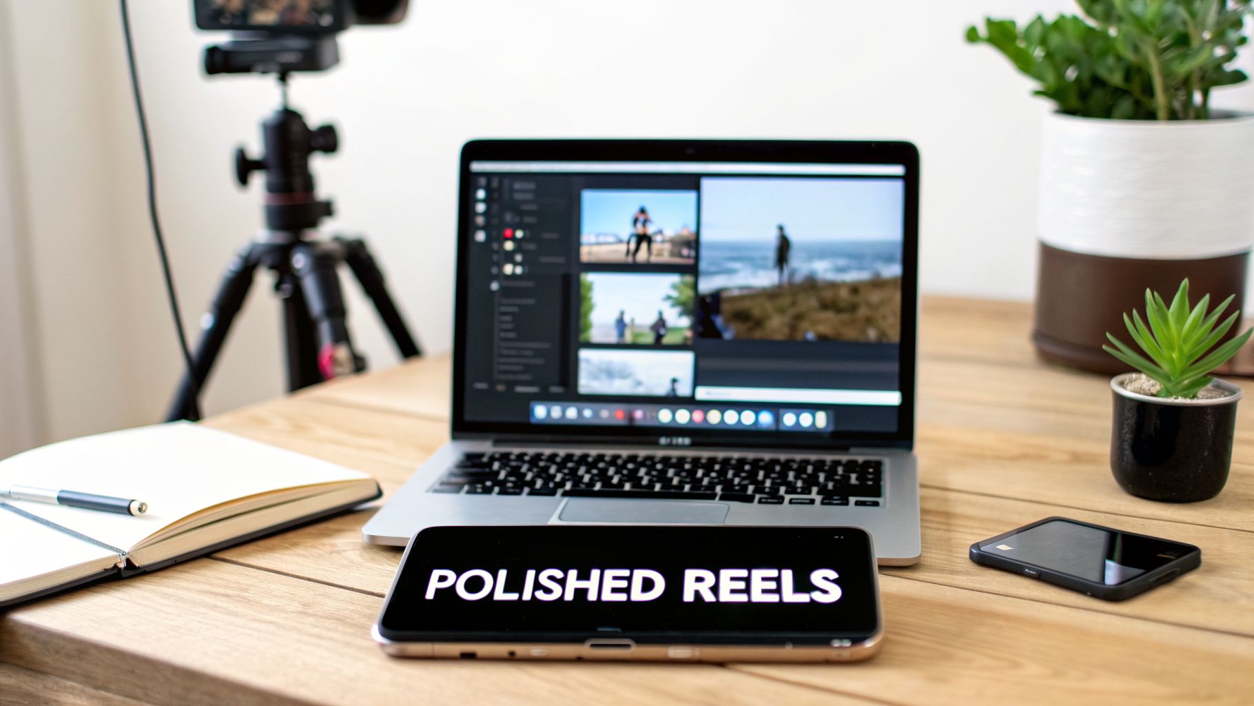 A creative workspace with a laptop displaying video edits, a smartphone, camera on tripod, and plants on a wooden desk.