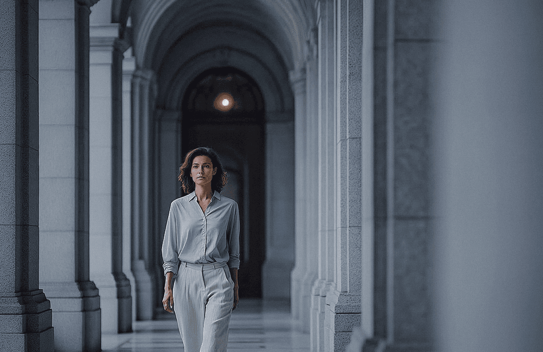 Uma mulher lendo um dicionário jurídico em um corredor.