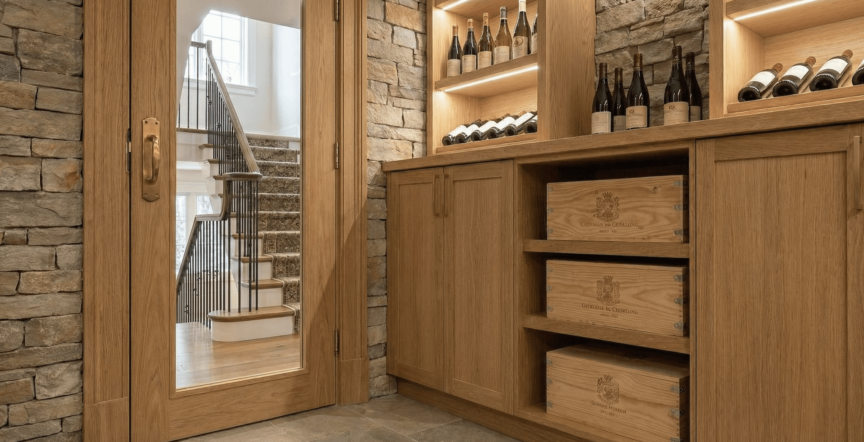 Oak-framed glass wine cellar door beside custom base cabinetry with warm LED lighting and stone walls.