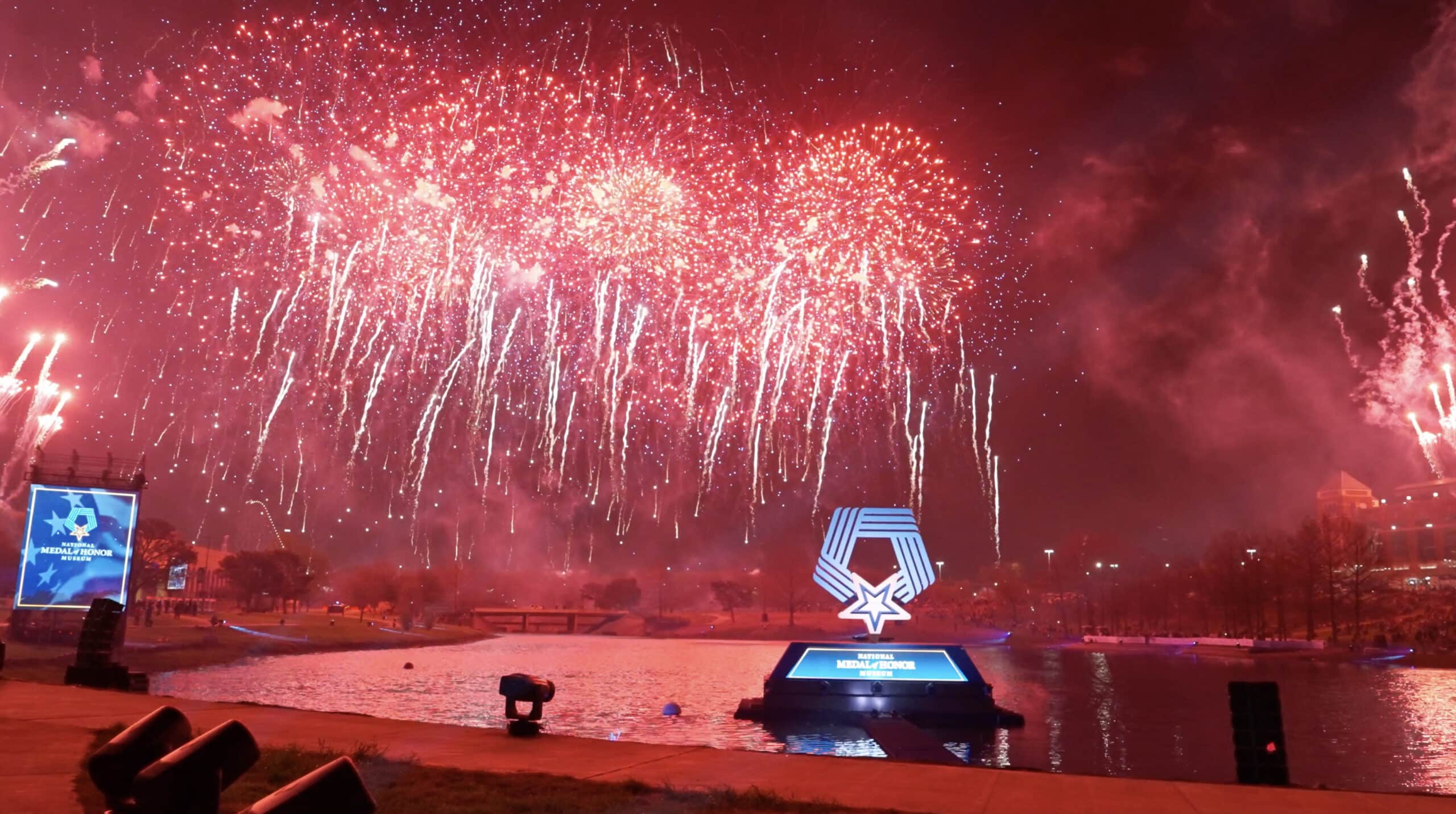 National Medal of Honor Grand Opening red fireworks fill the sky