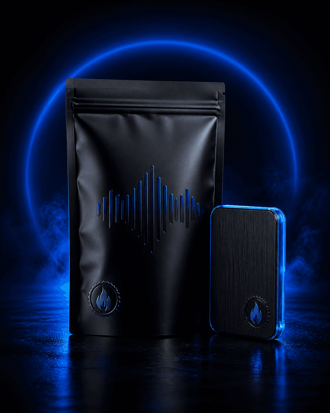 Sealed black producer beat pack and studio drive lit with electric blue light