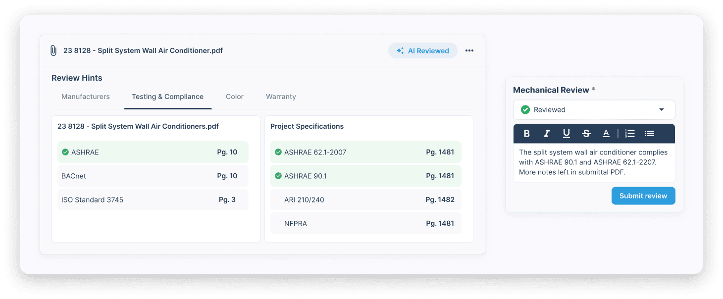 AI-reviewed submittal hints with compliance notes and reviewer feedback