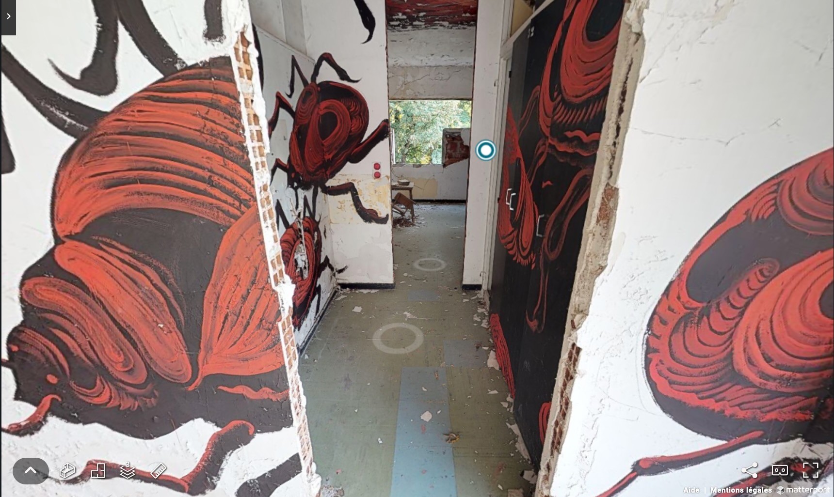 Giant red beetles crawl across the walls of a peeling corridor.