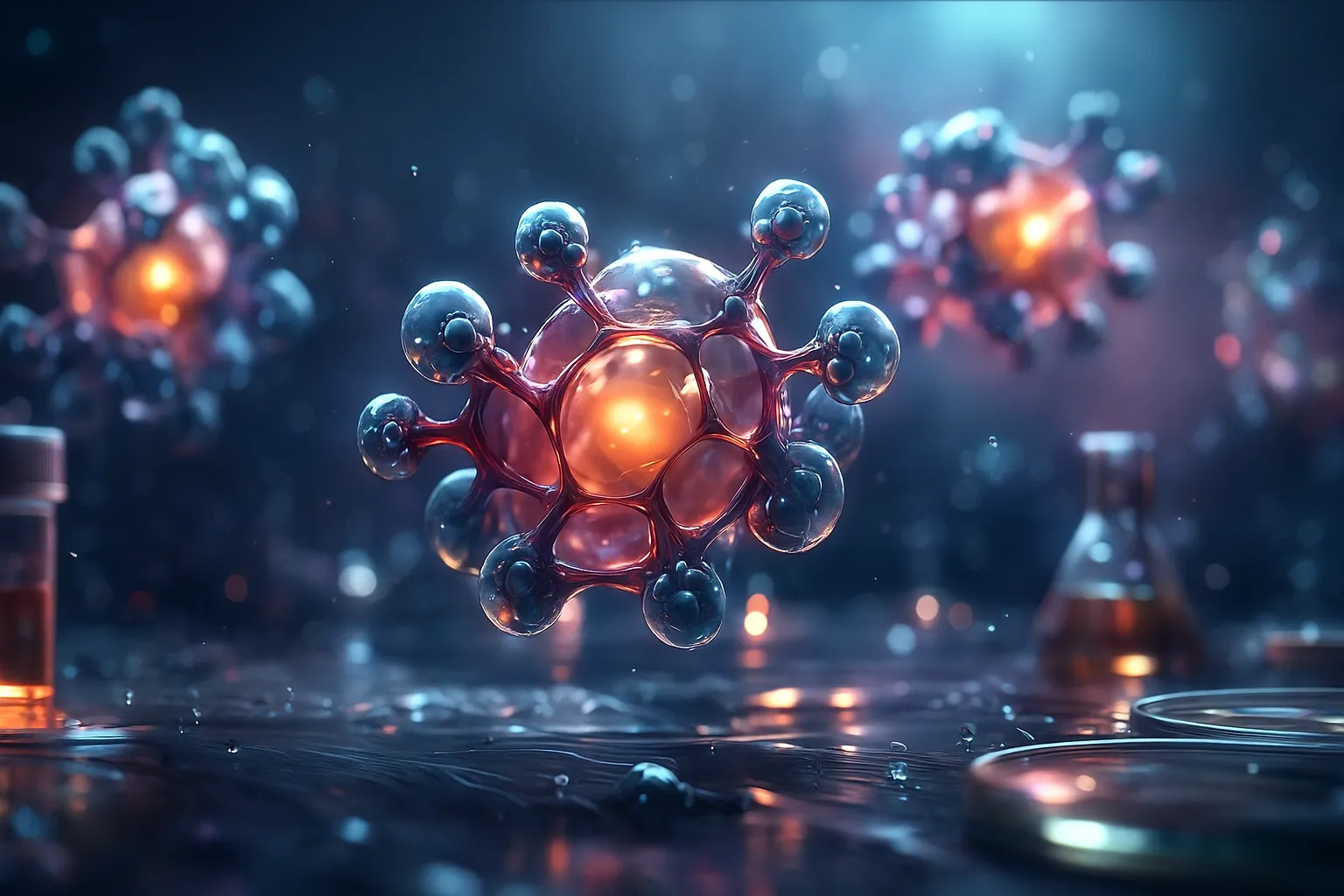 3D illustration of glowing hormone-like molecules in a laboratory setting.