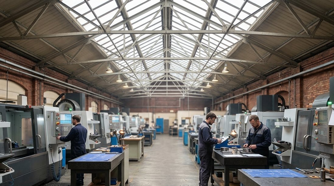 The long Victorian machine shop with rows of CNC machines