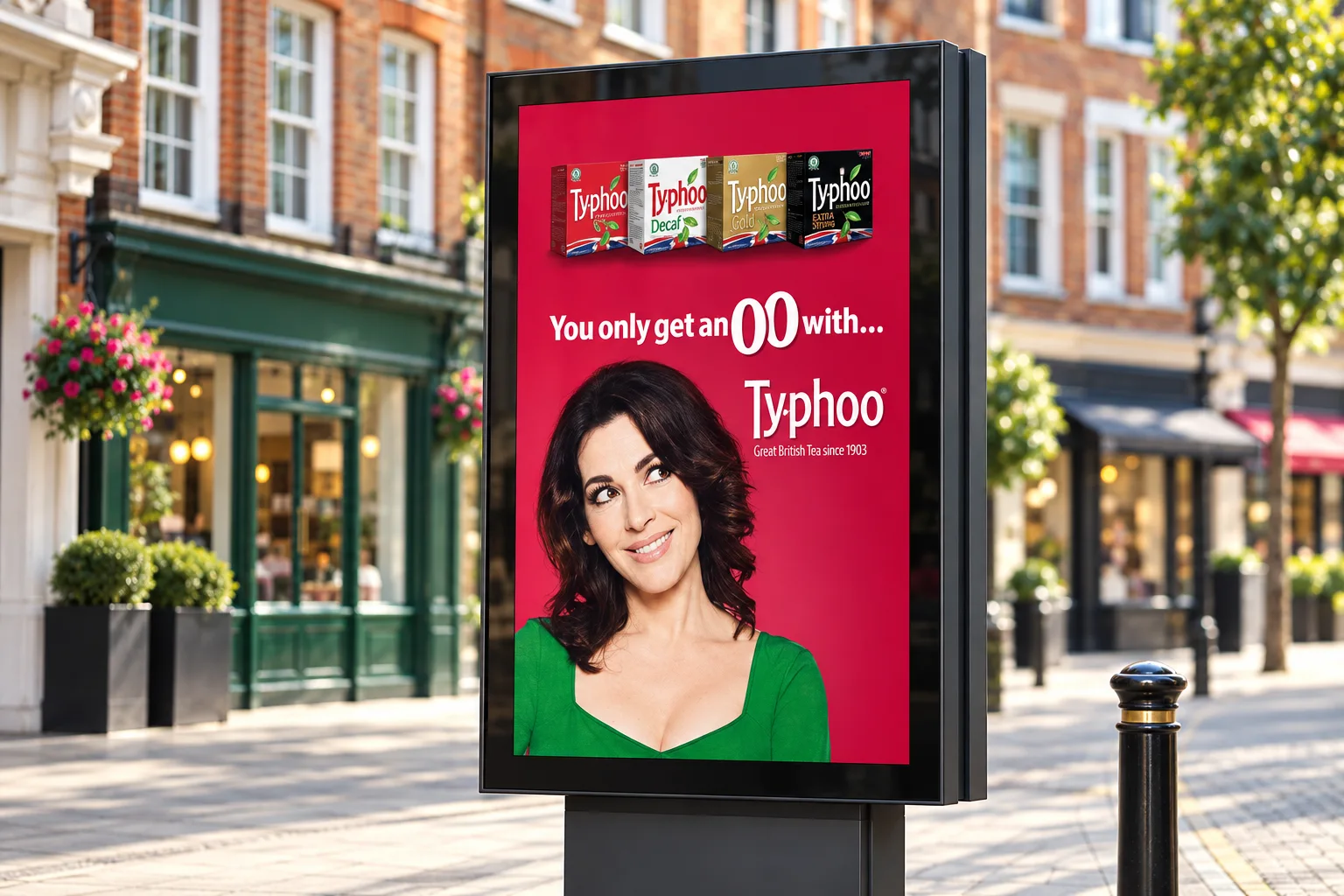 Digital street billboard for Typhoo tea featuring Nigella Lawson, showcasing Mediareach's DOOH media buying expertise
