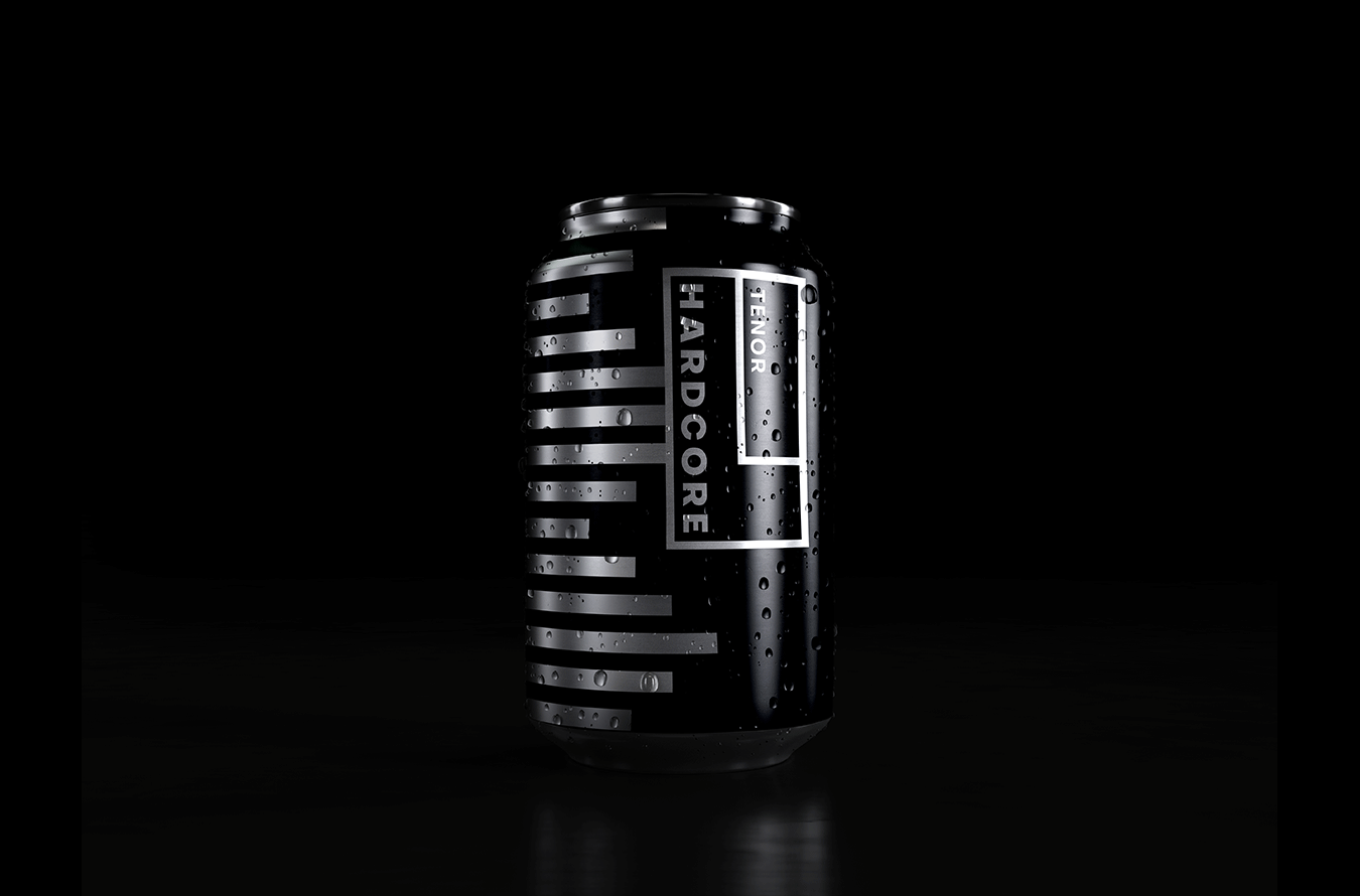 A black bottle with a silvery black label with text: Tenor. Hardcore.