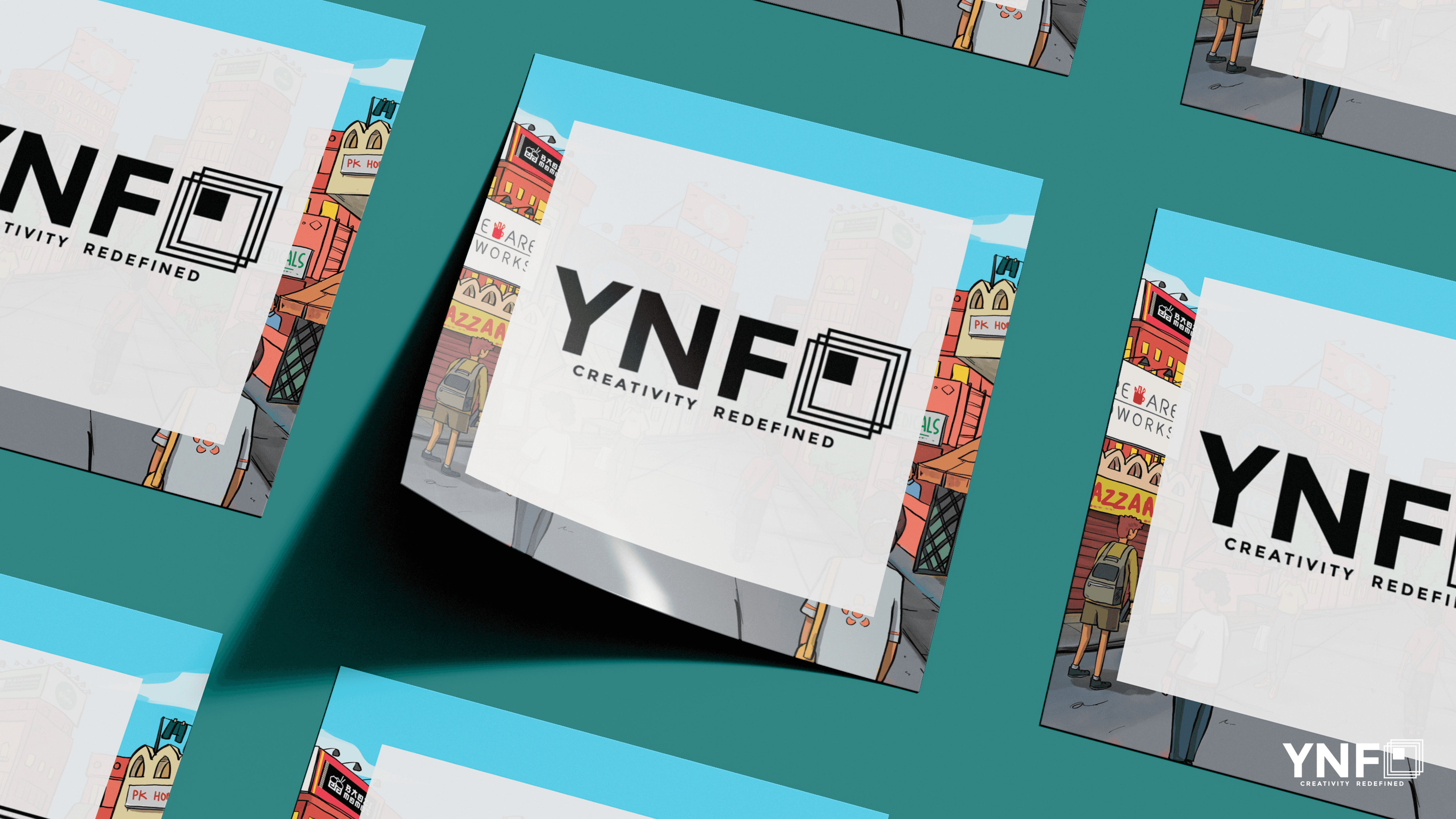 A collage showcasing YNF, a creative design agency, featuring their logo, website on laptop, blog posts, and social media presence. They specialize in influencer marketing and growth marketing strategies.