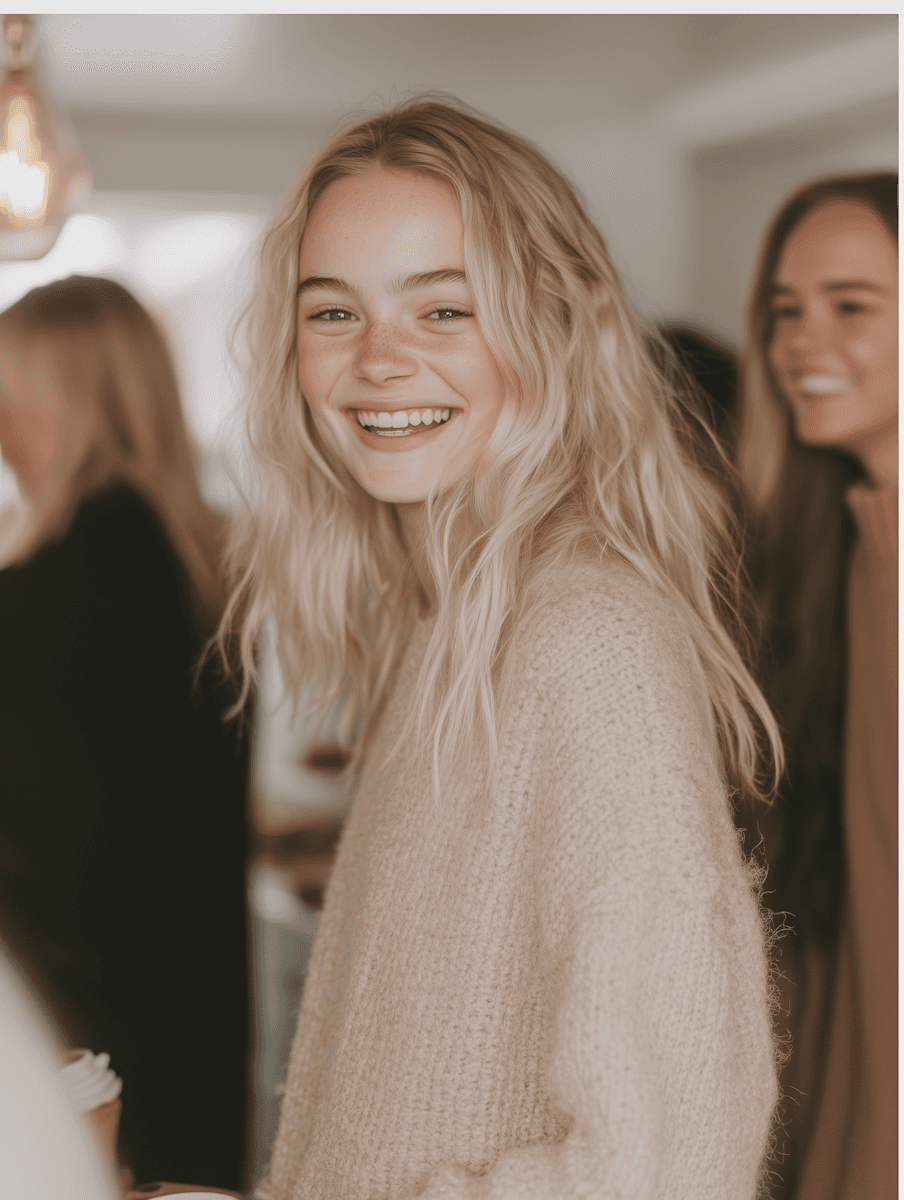 Smiling young woman with blonde hair in a cozy sweater at a social gathering, exuding warmth and joy.