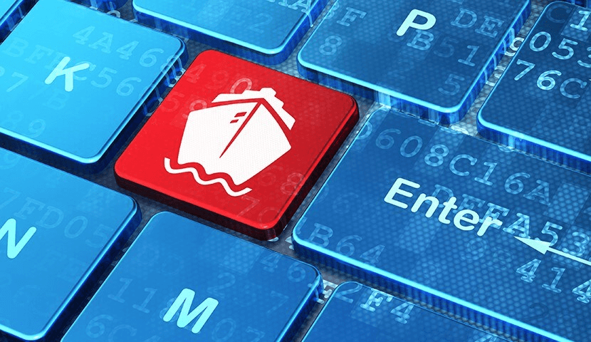 A futuristic ship glowing in blue light, sailing on a dark, reflective surface.