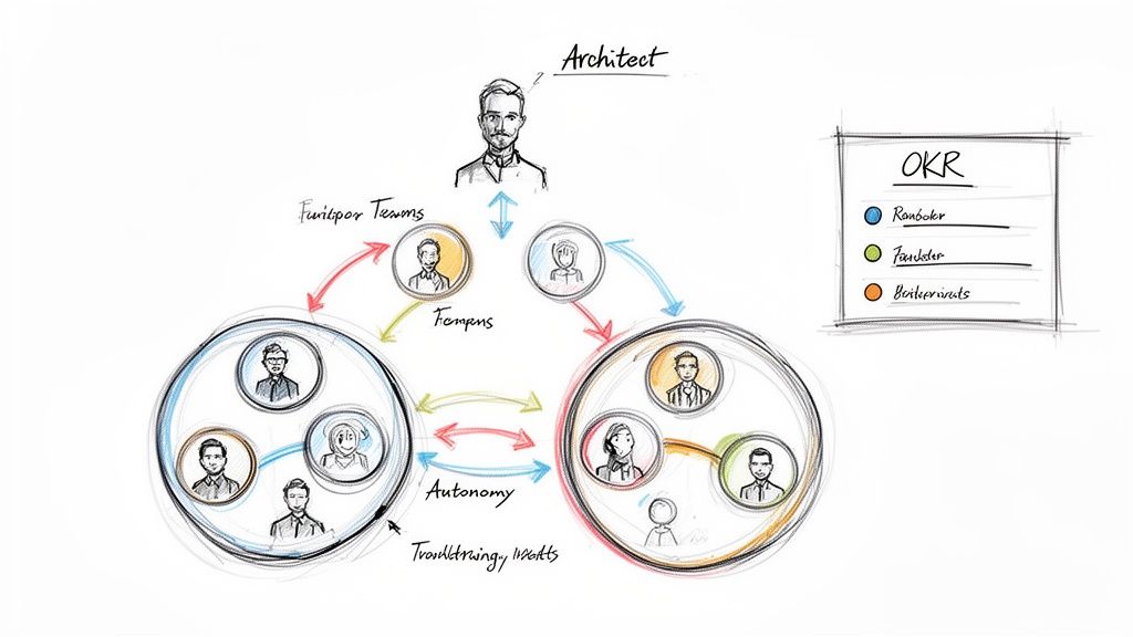 Diagram showing an architect overseeing interacting teams, autonomy, and OKR statuses within an organizational structure.