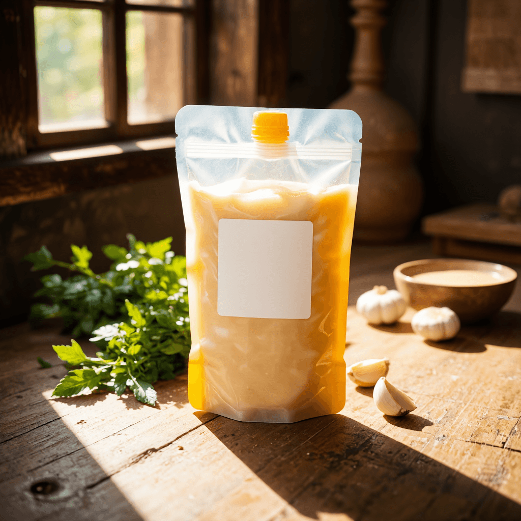 product photography of a pouch of sauce or dressing