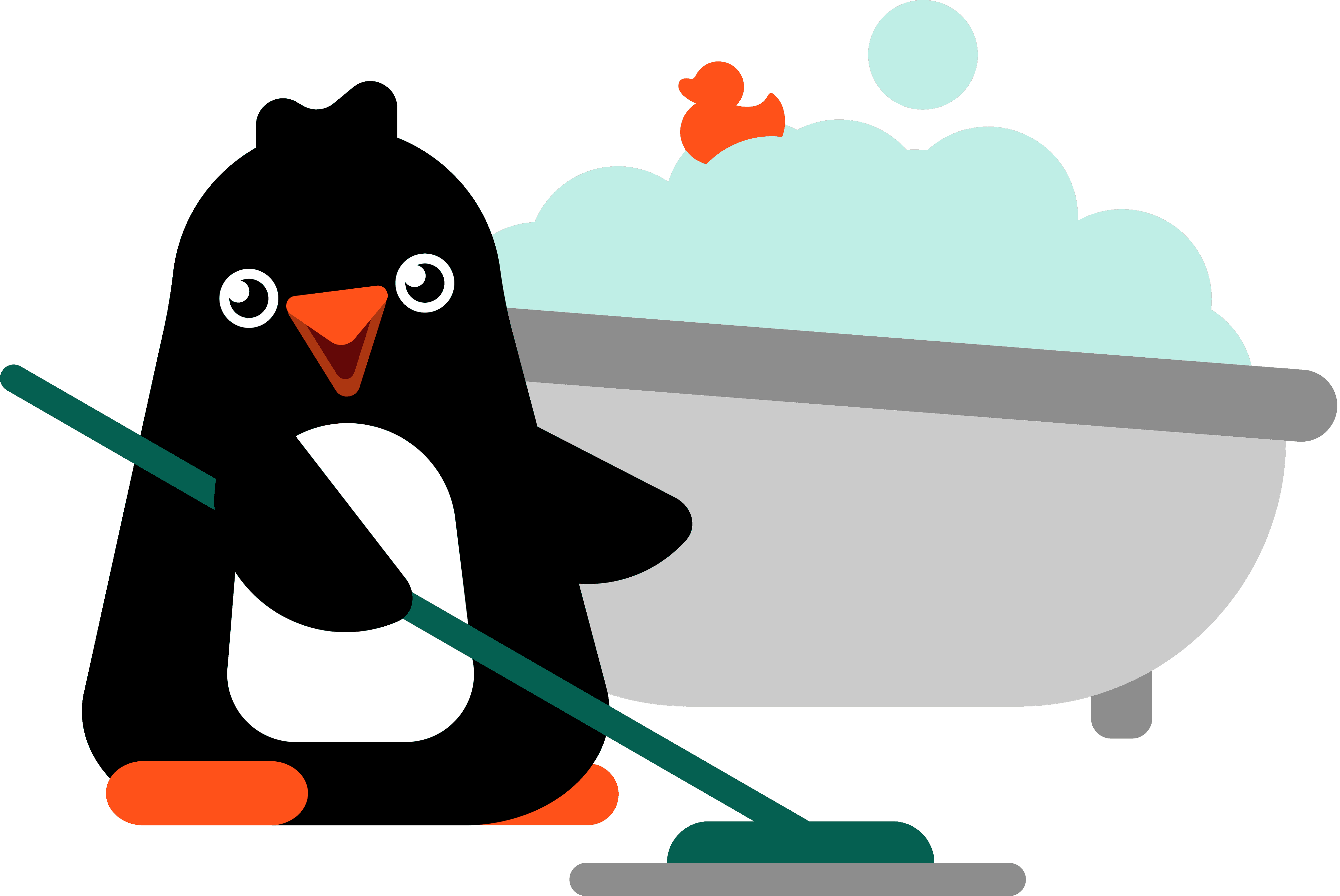 Pingui Clean mascot cleans a bathroom